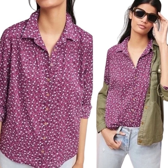 Maeve by Anthropologie Calico Purple 3/4 Sleeve Button Down Shirt - Picture 1 of 9
